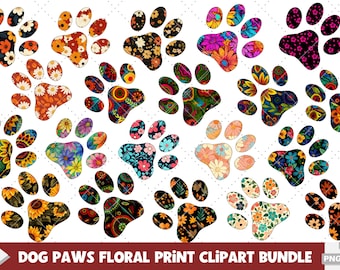 May include: A set of 20 digital clipart images of dog paw prints with various floral patterns. The paw prints are in a variety of colors, including red, orange, yellow, green, blue, purple, and pink. The floral patterns are also in a variety of colors and styles.