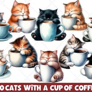 Cat with Coffee Clipart Collection Sleepy Cats with Coffee Watercolor Clipart for Dreamy T-Shirt Printable Designs for Cat Lovers.
