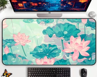Kawaii Lotus and Water Lily Desk Mat, Large Gaming Mousepad, Lo-Fi  Anime Mousepad.