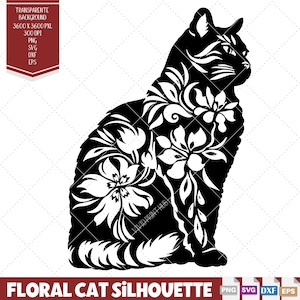 Arquivo SVG e PNG de silhueta elegante de gato preto floral para Cricut, designs de gatos pretos cortados a laser, plotterdatei Katze, ideias para tatuagens de gatos.
