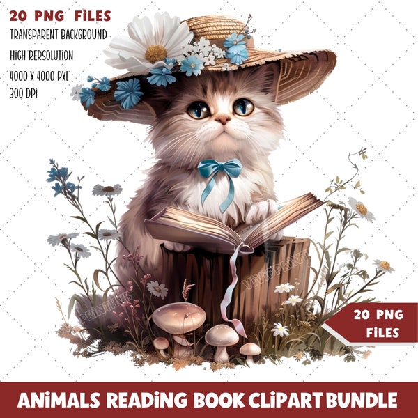 20 Adorable Animals Reading Book PNG Collection, Woodland Clipart for Scrapbooking, Digital Download for Book Lovers & Educational Materials
