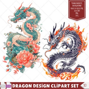 Japanese Dragon Tattoo Design Clipart, Fantasy Dragon Vector, Perfect Dragon Lovers Gift, Printable Dragon Stencils and Tattoo Ideas.