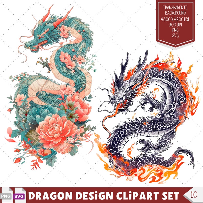 Japanese Dragon Tattoo Design Clipart, Fantasy Dragon Vector, Perfect Dragon Lovers Gift, Printable Dragon Stencils and Tattoo Ideas.