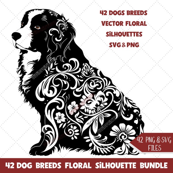Dog Breed Vector Floral Silhouettes -42 Dogs Breads PNG & SVG Files for Cricut, Stickers, Decals,Laser Engraving. Unique Gift for Pet Lovers