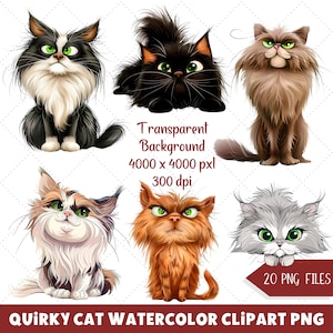 Quirky Cat Watercolor Clipart Set 20 Funny Cat Illustrations for Printable Crafts Sublimation Card Making Gift for Cat Lovers.