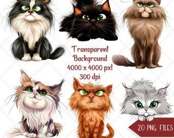 Conjunto de Clipart de Gatos Divertidos em Aquarela, 20 Ilustrações Engraçadas (PNG)