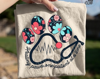 Vet Tech PNG, Floral Paw Print Stethoscope Clipart for Shirts, Mugs, Veterinary Gift