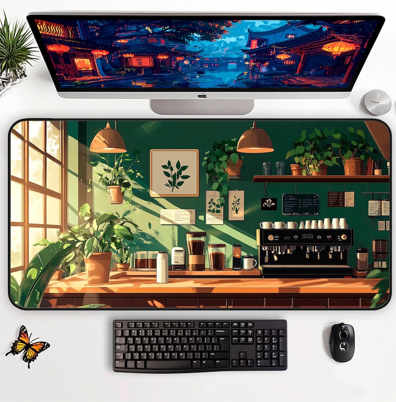 Studio Ghibli cozy coffee shop desk mat, aesthetic anime mouse pad featuring Ghibli lover art decor for Studio Ghibli fans.