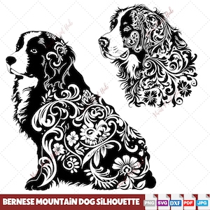 Berner Sennenhund SVG-Bundle, Berner Bergmutter SVG-Set, Blumenhunderasse SVG-Dateien für die Lasergravur, Berner Mutter Geschenk.