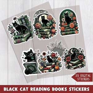 Schwarze Katze, die Buchaufkleber-Bündel enthält - 35 Cottagecore PNG-Dateien, Katze-Lesebuch Digital druckbare schwarze Katze Aufkleber für Buchliebhaber.