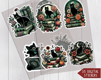 Cottagecore Black Cat Reading Sticker Bundle – 35 PNG Files (Digital Printable)