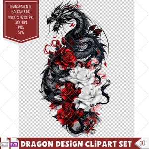 Japanese Dragon Tattoo Design Clipart, Fantasy Dragon Vector, Perfect Dragon Lovers Gift, Printable Dragon Stencils and Tattoo Ideas.