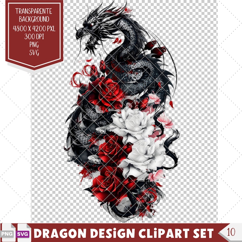 Japanese Dragon Tattoo Design Clipart, Fantasy Dragon Vector, Perfect Dragon Lovers Gift, Printable Dragon Stencils and Tattoo Ideas.