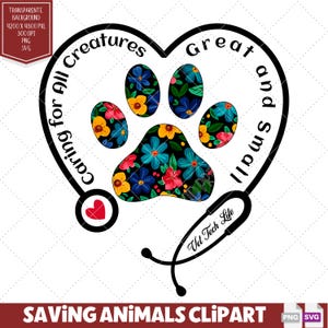 Puede incluir: Un diseño en forma de corazón blanco y negro con una huella de pata en el centro. La huella de pata está llena de flores coloridas. El texto "Caring for All Creatures Great and Small" está escrito alrededor del corazón. El texto "Vet Tech Life" está escrito en un estetoscopio.