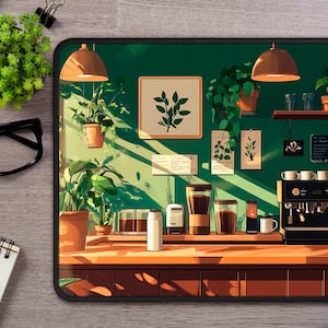 Studio Ghibli cozy coffee shop desk mat, aesthetic anime mouse pad featuring Ghibli lover art decor for Studio Ghibli fans.