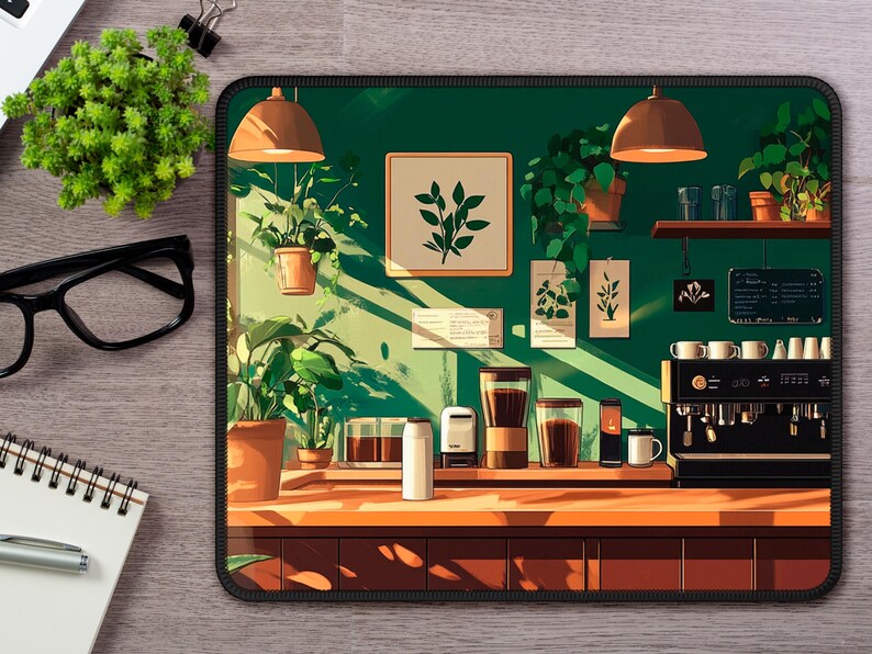 Studio Ghibli cozy coffee shop desk mat, aesthetic anime mouse pad featuring Ghibli lover art decor for Studio Ghibli fans.