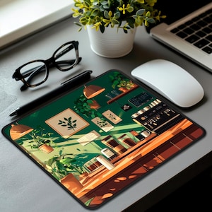 Studio Ghibli cozy coffee shop desk mat, aesthetic anime mouse pad featuring Ghibli lover art decor for Studio Ghibli fans.