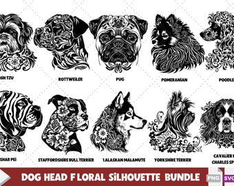 50 Dog Breeds Floral SVG Bundle, Floral Dog Silhouette Bundle for Cricut and Laser Engraving