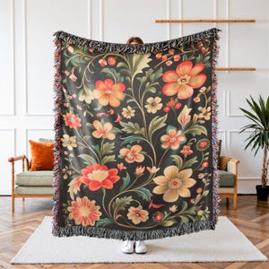 Woven Blankets & Throws – Ukrainian Folk Art Petrykivka Picnic Blanket Velveteen Plush Tapestry, Perfect Housewarming Gift, Cozy Home Decor.