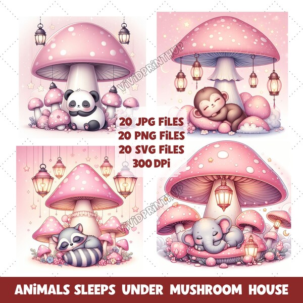 Charming Sleepy Animals Under Mushroom Clipart - 60 Boho JPG, SVG, PNG Files for Baby Shower Decor, Kids Room Art, Newborn Scrapbooking Gift