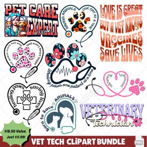 Pacchetto Clipart per tecnici veterinari: 10 disegni PNG per sublimazione, magliette, tazze – Download digitale del regalo per la settimana dei tecnici veterinari – Arte clinica per animali.