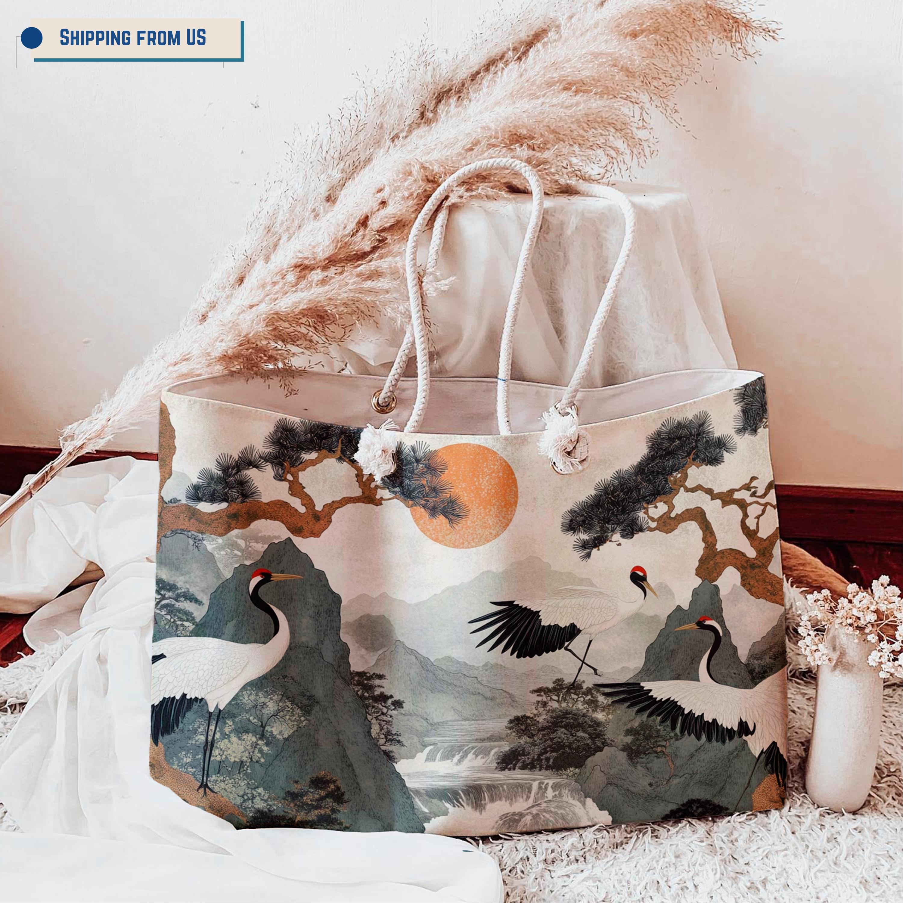 Japanese Crane Tote Bag – Oriental Aesthetic Weekend Bag, Luxury