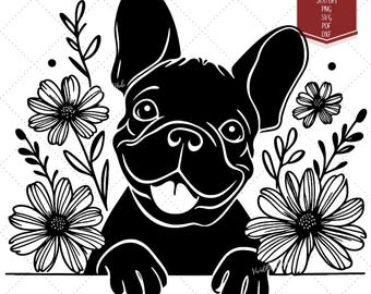 Può includere: Silhouette in bianco e nero di un bulldog francese che sporge da una superficie bianca con fiori dietro. Il bulldog sta sorridendo con la lingua fuori.