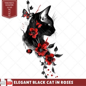 Könnte beinhalten: Eine schwarze Katze mit roten Rosen und einem Schmetterling. Die Katze ist im Profil und die Rosen blühen. Der Hintergrund ist weiß.