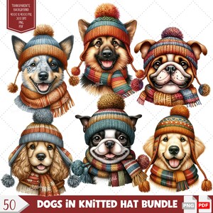 Aquarell Hundeköpfe in Strickmütze 50 Hundekopf Brot PNG Bundle Geschenk für Dig Mom Sublimation druckbare Designs für DIY Ornamente & Kunsthandwerk.