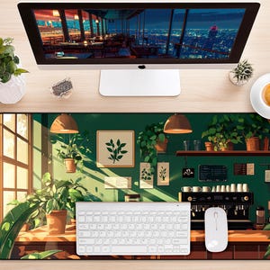 Studio Ghibli cozy coffee shop desk mat, aesthetic anime mouse pad featuring Ghibli lover art decor for Studio Ghibli fans.