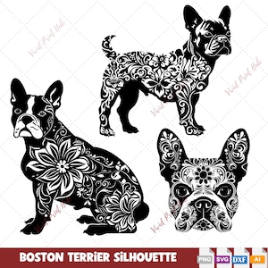 Boston Terrier SVG Bundle Floral Dog Silhouettes Dog Breed Cut Files for Laser Engraving and Cricut Projects Boston Terrier Gifts.