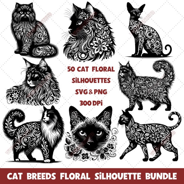 Katzen-SVG-Bundle – 50 florale Katzenrassen-Silhouetten, schwarze Katzen-Vektordateien zum Basteln, perfektes Geschenk für Katzenliebhaber, florale Katzen-SVG und PNG.