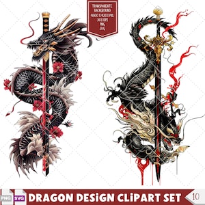 Japanese Dragon Tattoo Design Clipart, Fantasy Dragon Vector, Perfect Dragon Lovers Gift, Printable Dragon Stencils and Tattoo Ideas.