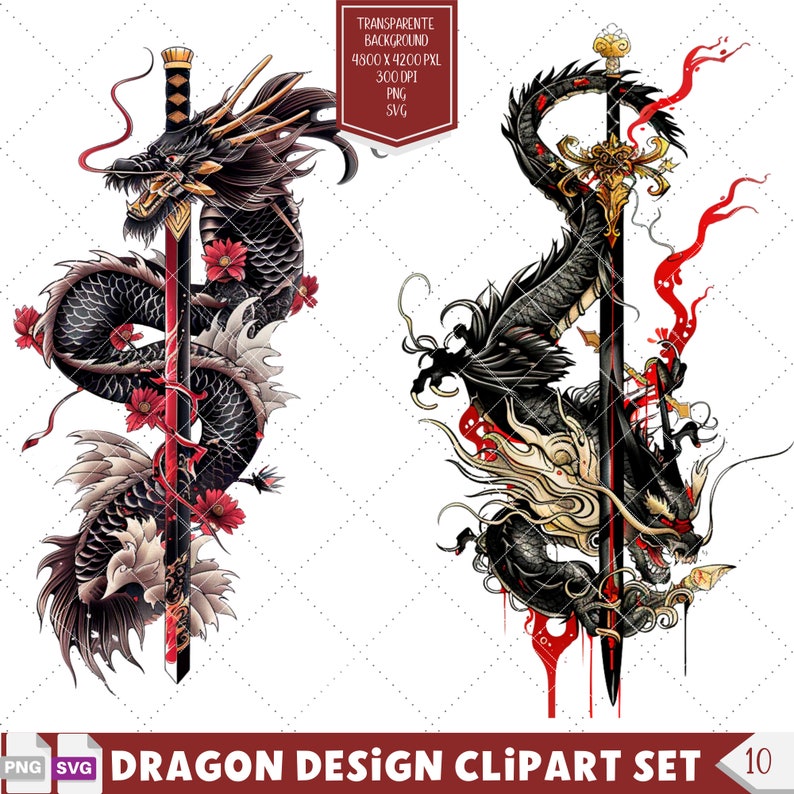 Japanese Dragon Tattoo Design Clipart, Fantasy Dragon Vector, Perfect Dragon Lovers Gift, Printable Dragon Stencils and Tattoo Ideas.