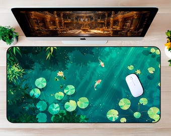 Ghibli Koi Fish Desk Mat | Green Anime Mouse Pad