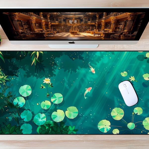 Ghibli Koi Fish Desk Mat | Green Anime Mouse Pad