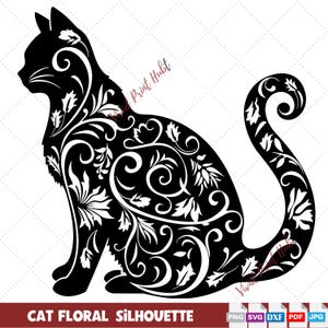 Schwarze Katze Blumen Silhouette - Verwenden Sie für Kunsthandwerk, Tattoos & Plotterschneiden - Ideales Geschenk für Katzenliebhaber, Schwarze Katze SVG.