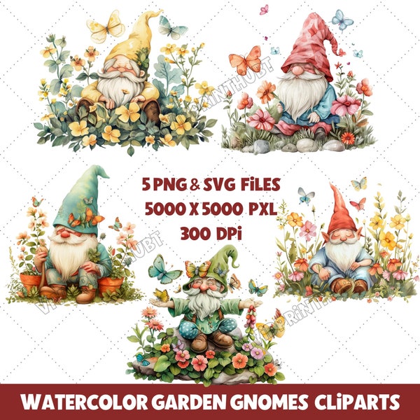 Garden Gnome with Flowers Watercolor Cliparts - Perfect for Baby Room Decor, Crafting & Scrapbooking, Nursery Art, PNG, SVG, Floral Clipart