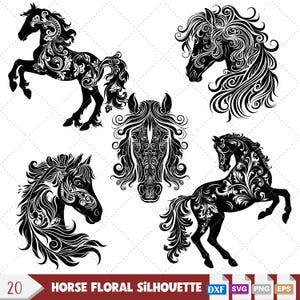Pferde Vektor-Bundle: 20 Floral Pferdekopf SVG Laufende Pferd Lasergravur Dateien, Pferd SVG Bundle Perfekt für DIY-Projekte.