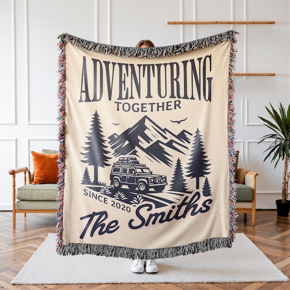 Personalized Retro Woven Camping Blanket Custom Couple Gift With