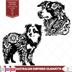 Conjunto de clipart de pastor australiano, design floral SVG de pastor australiano, presente para mãe de cachorro, arquivos de corte de silhueta australiana, enfeite de cachorro SVG.