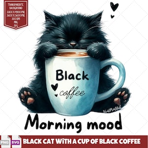Black Cat with Black Coffee Digital Stickers, Charming Digital Art for Morning Mood T-Shirt Design, Perfect Gift for Cat & Coffee Lovers.