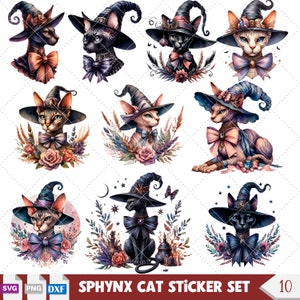 Ensemble d'autocollants SVG chat sphynx effrayant de style gothique, pack numérique d'émoticônes d'Halloween, autocollants numériques pour amoureux des chats sorcières pour travaux manuels d'Halloween.