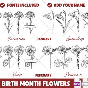 Cadeau numérique bouquet de famille fleurs de naissance, lot de fleurs de naissance SVG, idée cadeau famille personnalisée, cadeau maman tatouage fleur de naissance SVG.