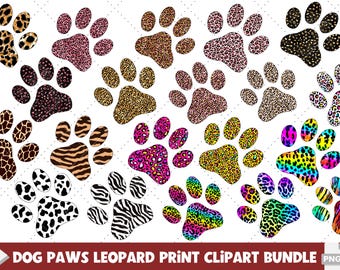 May include: A set of 20 digital clipart images of dog paw prints in various leopard print patterns. The paw prints are in a variety of colors, including pink, brown, black, white, and rainbow.