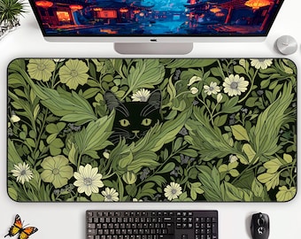 Black Cat Desk Mat,  William Morris Print Green Mousepad, Cottagecore Home Decor.