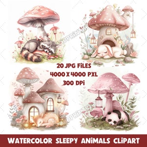 Aquarel slaperige dieren clipart-schattige jpg-afbeeldingen van dieren dutten onder paddenstoelen voor scrapbooking & kinderkamerinrichting, kraamcadeau.