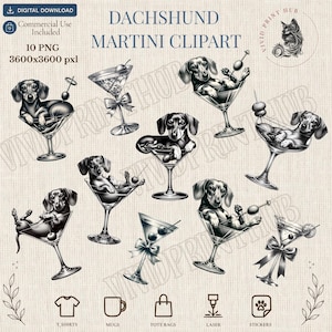 Puede incluir: Una colección digital de diez ilustraciones en blanco y negro con perros salchicha dentro de copas de martini. El texto dice DACHSHUND MARTINI CLIPART, VIVID PRINT HUB, 10 PNG, 3600x3600 pxl, DIGITAL DOWNLOAD y COMMERCIAL USE INCLUDED.