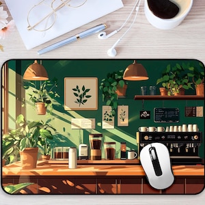 Studio Ghibli cozy coffee shop desk mat, aesthetic anime mouse pad featuring Ghibli lover art decor for Studio Ghibli fans.