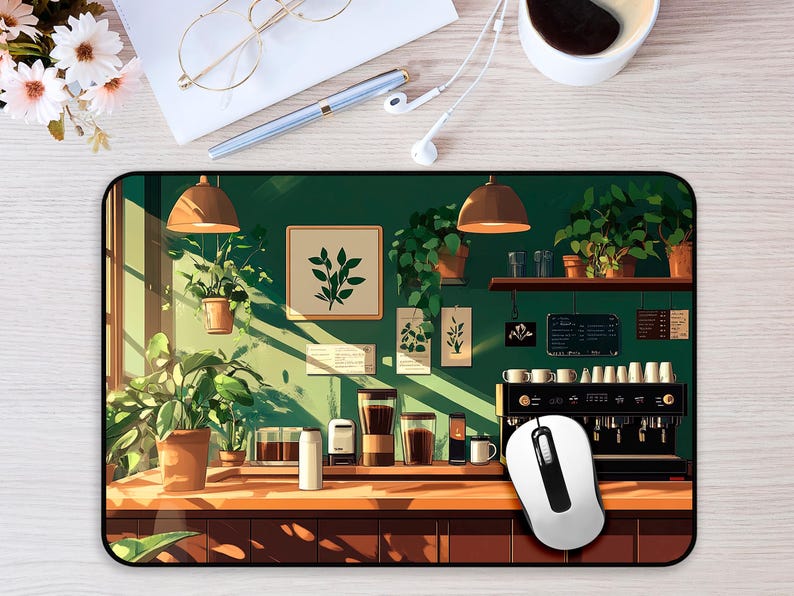 Studio Ghibli cozy coffee shop desk mat, aesthetic anime mouse pad featuring Ghibli lover art decor for Studio Ghibli fans.